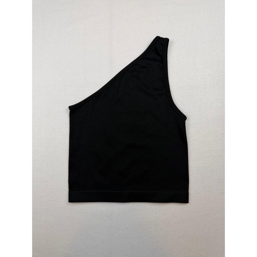 A New Day Womens Black One Shoulder Ribbed Tank Top Medium Seamless Crop